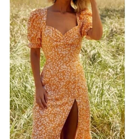 SEVEN WONDERS Orange Floral Shiloh Midi Dress Yellow Size S - Picture 1 of 7